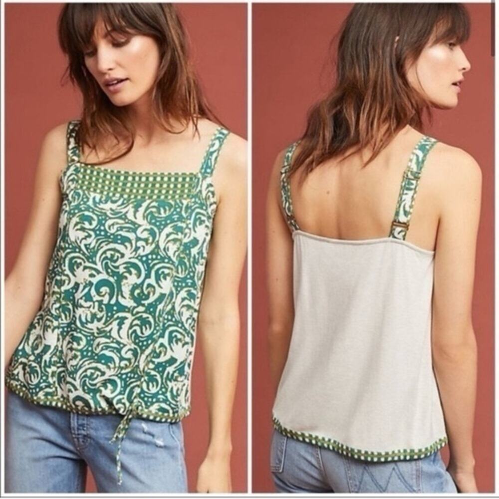 TINY Anthropologie Jasmine Green Paisley Floral Business Casual Lightweight Tank